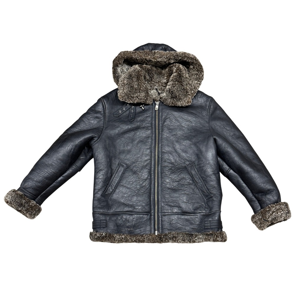 Size Small - Avalanche Leather Shearling B-3 Bomber Hooded Aviator Coat